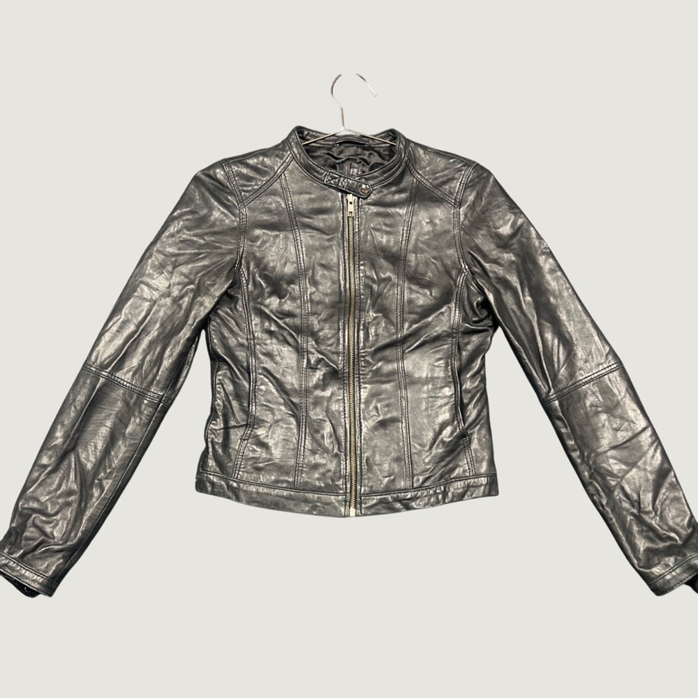 Naf Naf Jacket Women 34 Black Sheepskin Leather Moto Biker Cafe Racer Edgy SEO